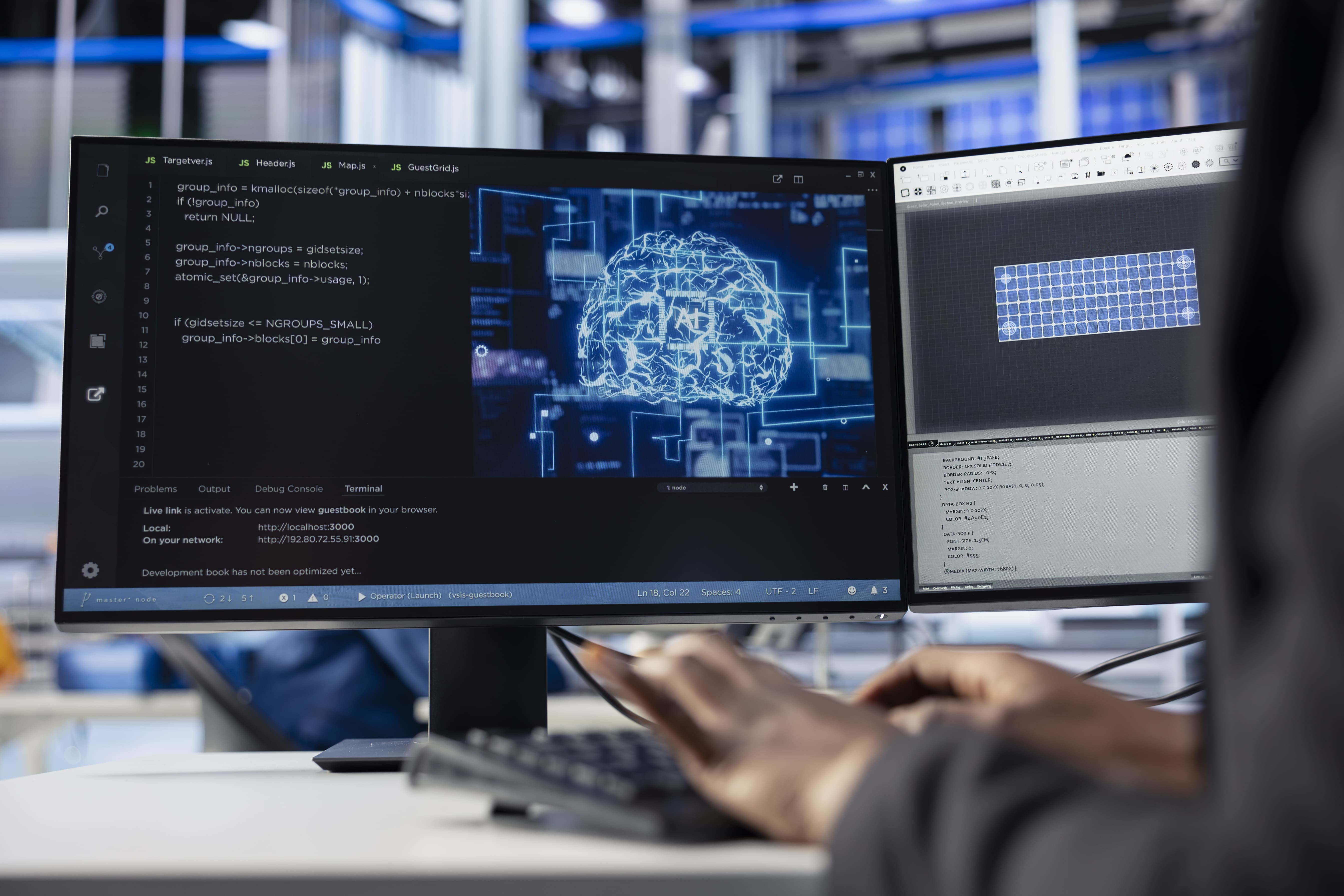 Code and an AI model visualisation on a developer workstation